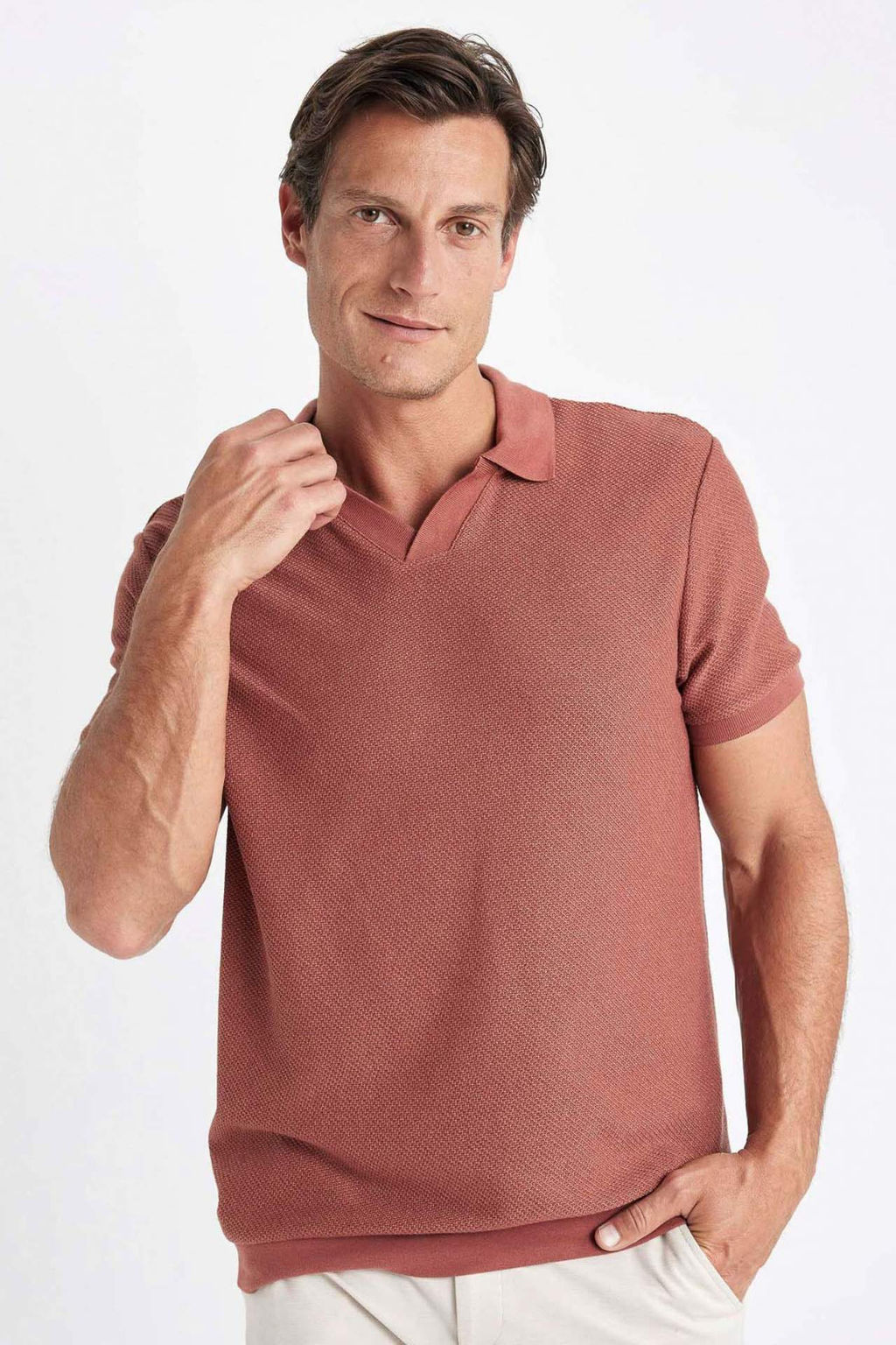 Regular Fit K?sa Kollu Orgu Gorunumlu Polo Tisort - Defacto фото 7