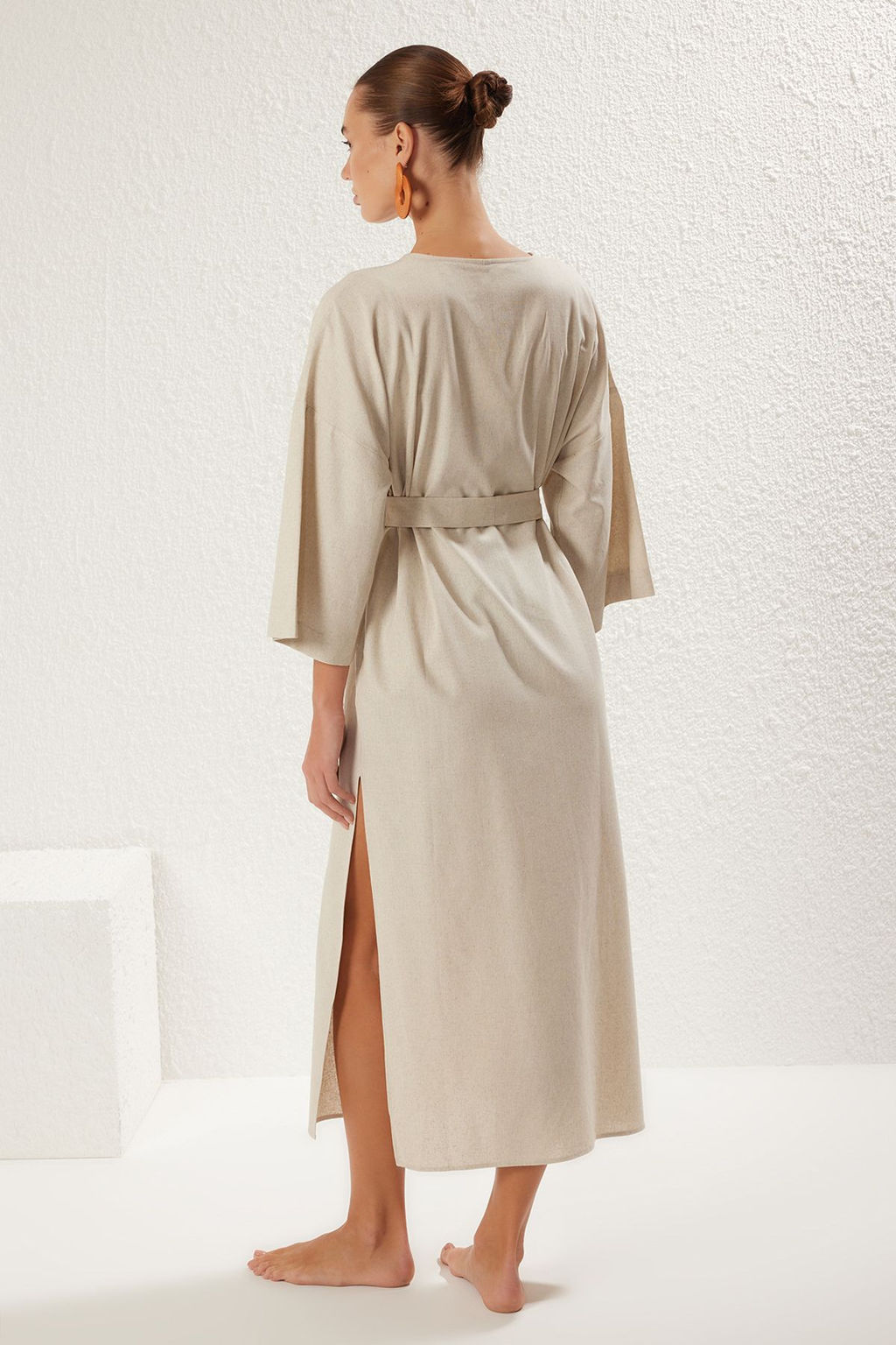 Bej Kusakl? Maxi Dokuma Nak?sl? Keten Kar?s?ml? Plaj Kimono&Kaftan TBESS20KM0051 - Trendyolmilla фото 11