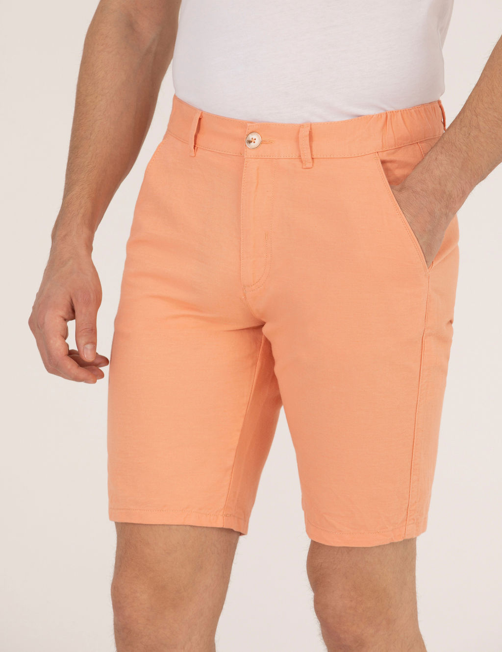 Turuncu Slim Fit Keten Kar___ml_ Beli Lastikli Bermuda _ort