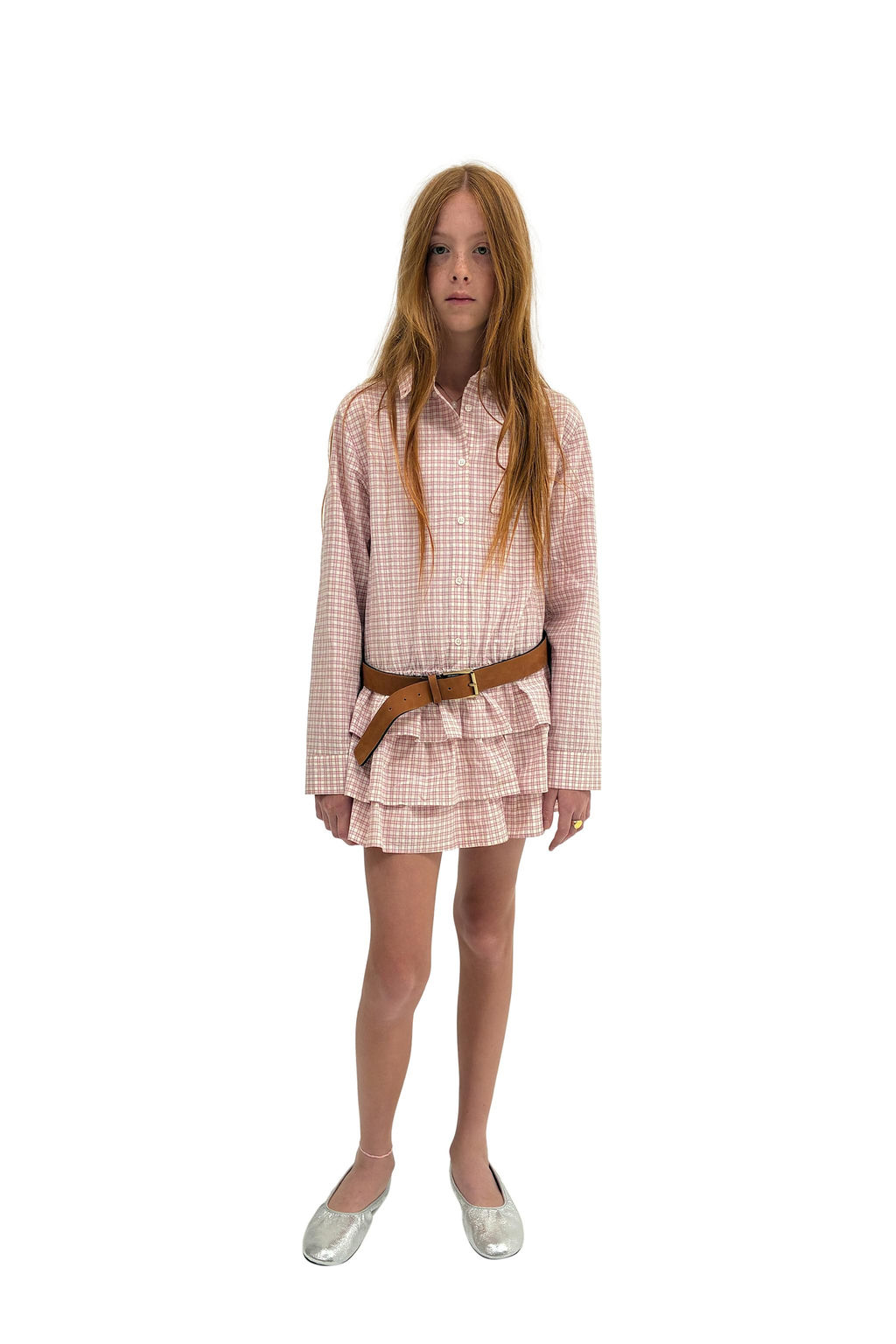 VESTIDO CAMISERO CUADROS Y VOLANTES / Rosa