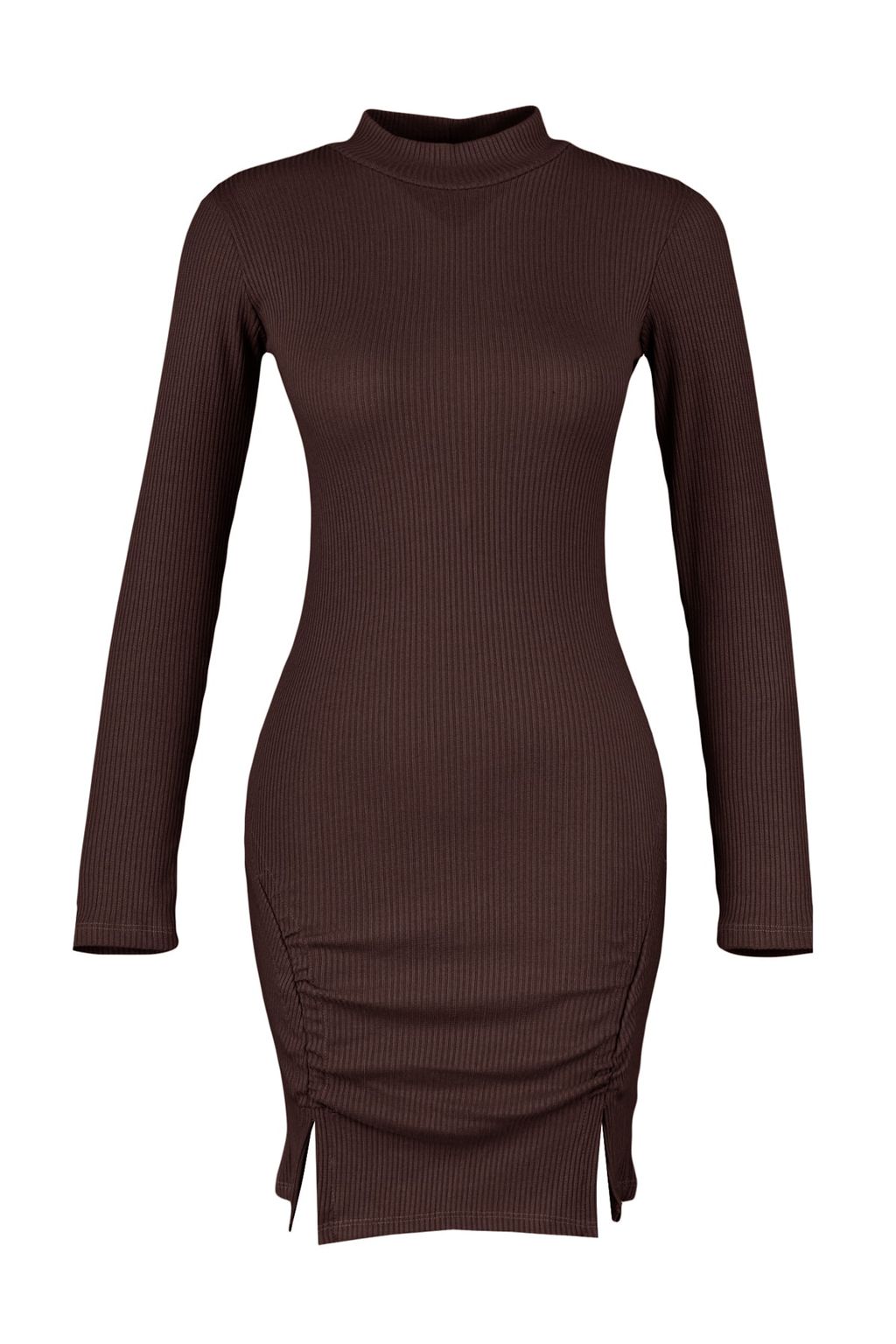Trendyolmilla Kahverengi Dik Yaka Vucuda Oturan Uzun Kollu Y?rtmacl? Mini Fitilli Esnek Orme Elbise TWOAW23EL00506  фото 6