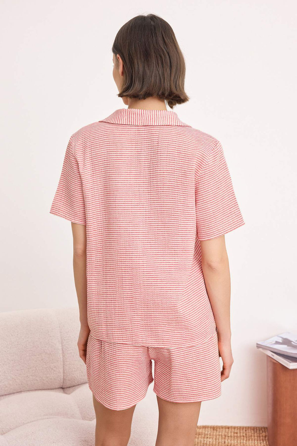 Bordo %100 Pamuklu Cizgili Muslin Dokuma Pijama Tak?m? THMSS26PT00135