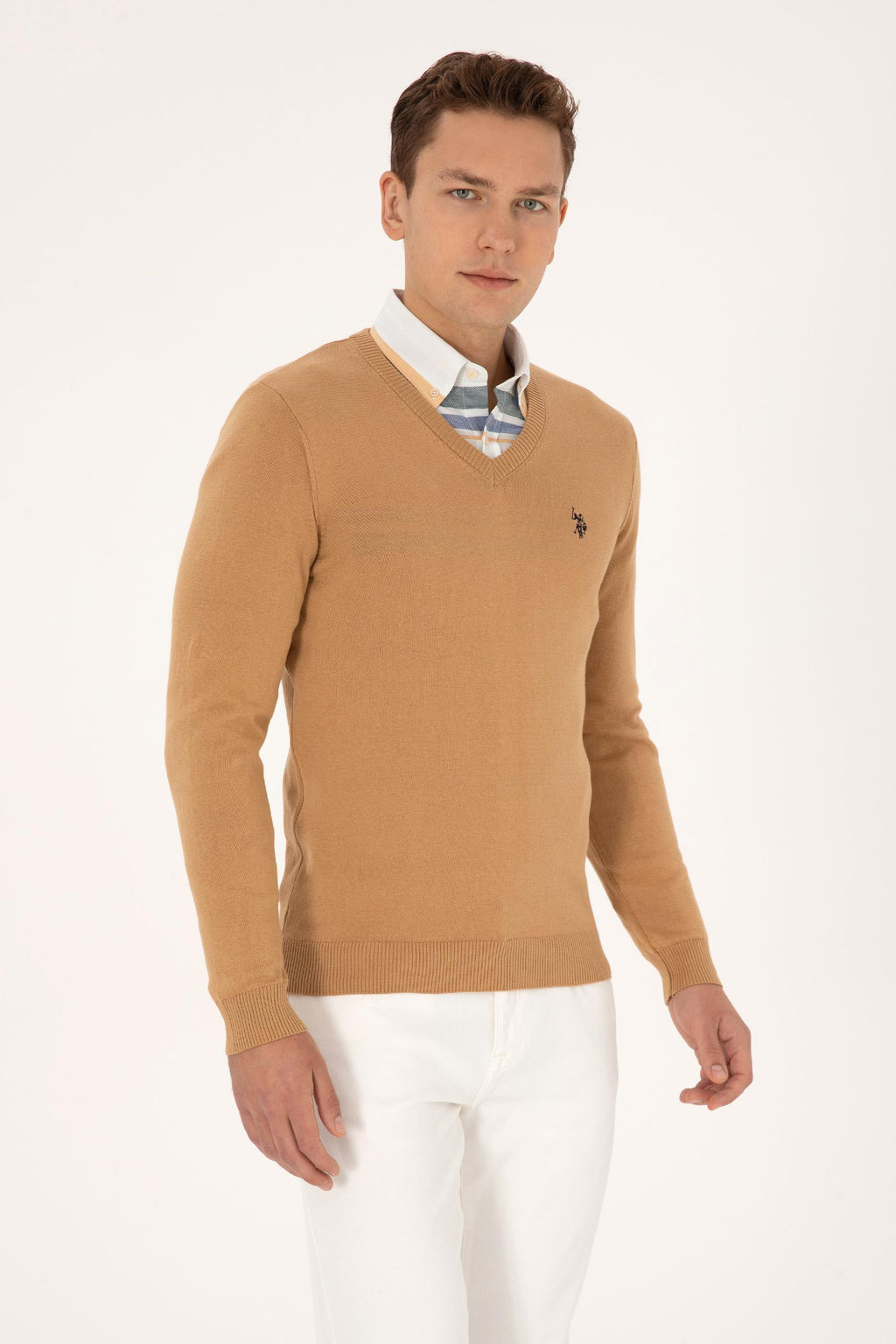 Erkek Slim Fit V Yaka Camel Basic Triko Kazak - U.s. polo assn фото 3