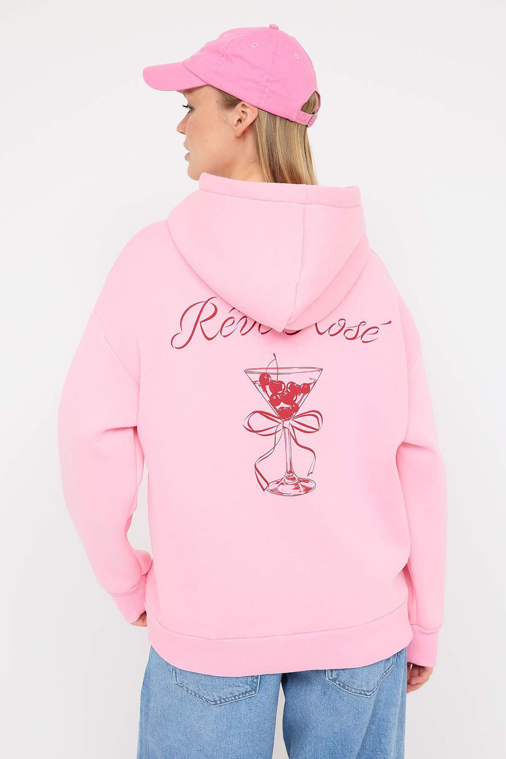 Ac?k Pembe S?rt ve On Bask?l? Kapusonlu Oversize/Genis Kal?p Orme Sweatshirt TWOAW26SW00042 - Trendyolmilla фото 4