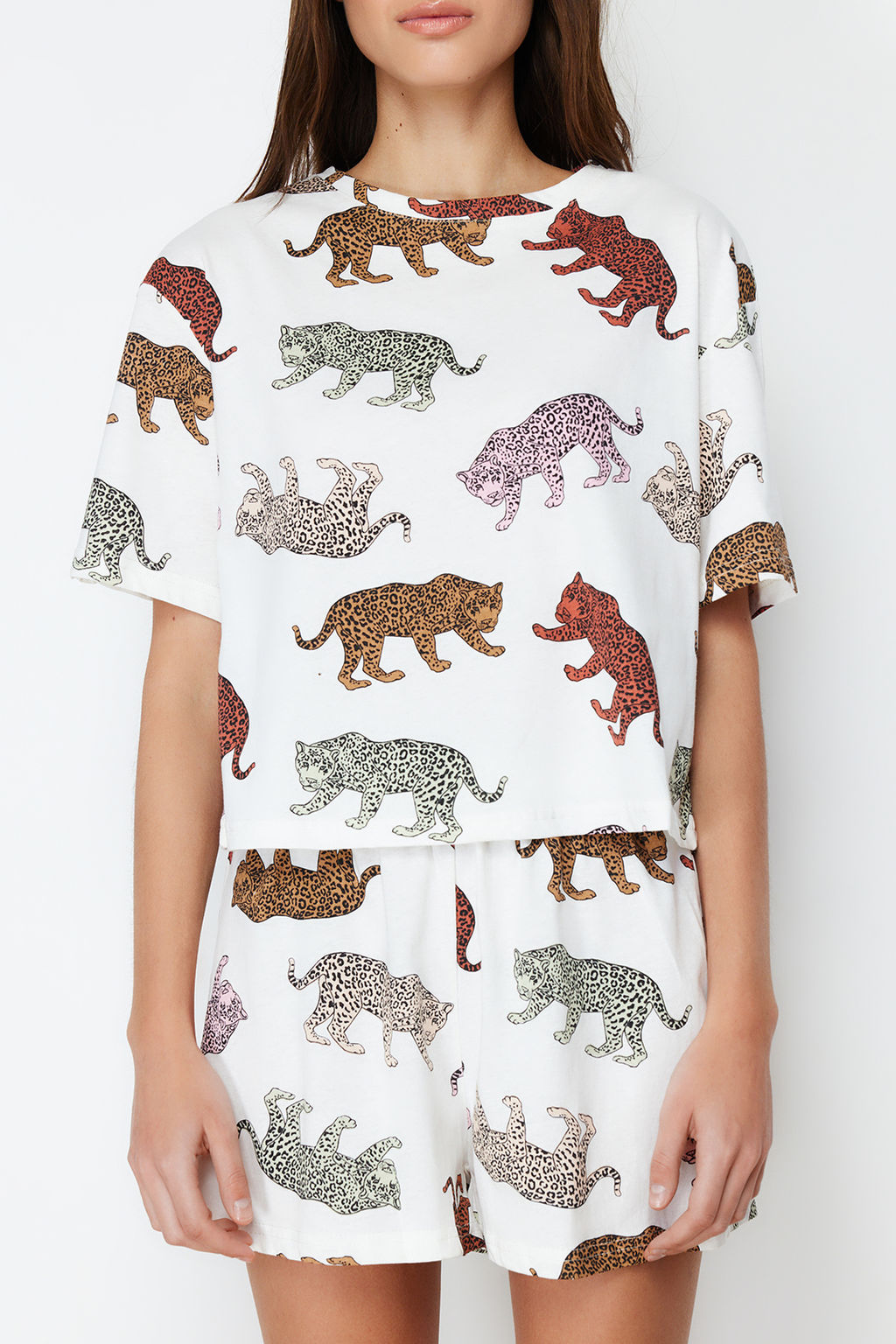 Trendyolmilla Kad?n Couple/Cift Ekru %100 Pamuklu Kaplan Desenli Sortlu Orme Pijama Tak?m? THMSS24PT00078  фото 12
