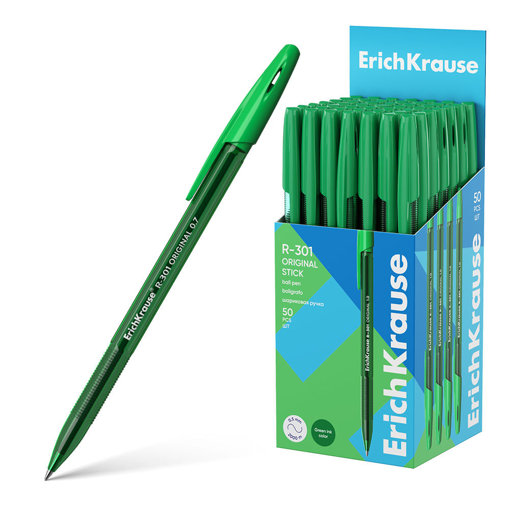 Цена за 50 шт. Ручка шариковая ErichKrause R-301 Stick Original 1.0, цвет чернил зеленый (в коробке по 50 шт.)