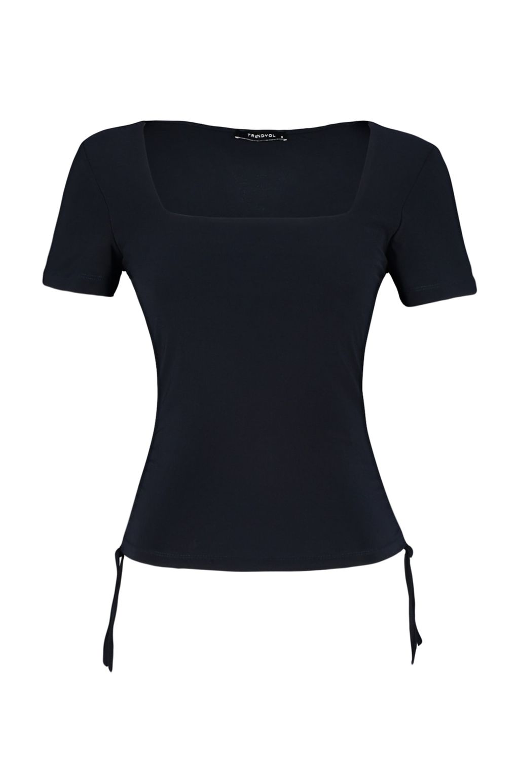 Trendyolmilla Lacivert Kare Yaka Buzgu Detayl? Fitted/Vucuda Oturan Crop Esnek Orme Bluz TWOSS23BZ00141