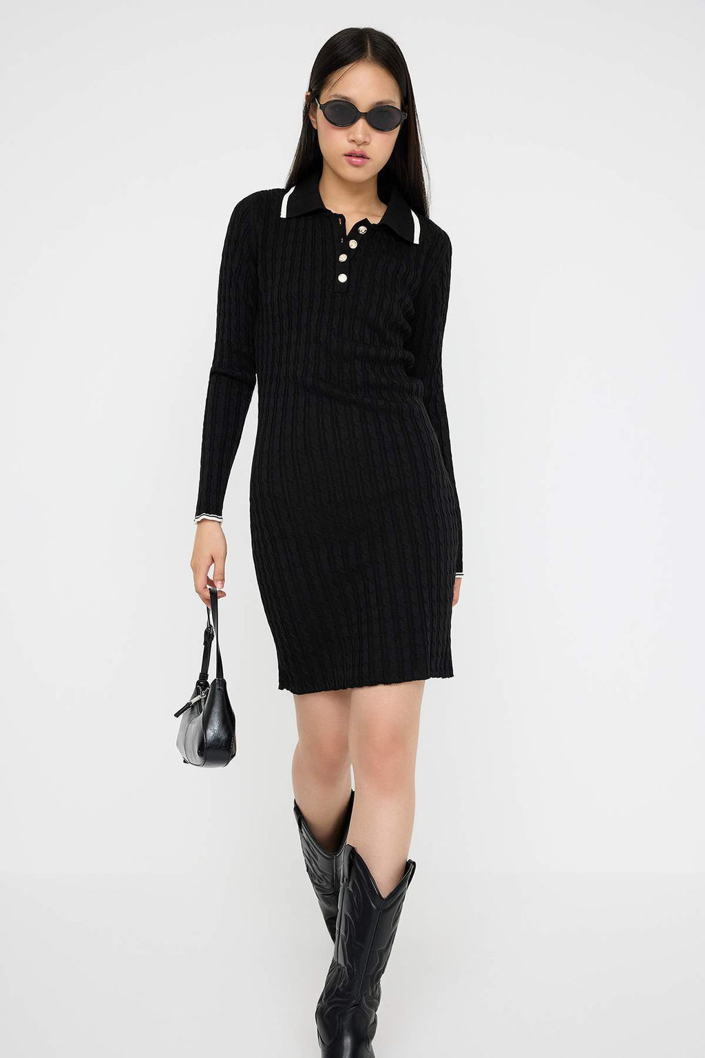 Teen Siyah Bodycone Polo Yaka Mini Triko Duz Mini Elbise TWOAW26EL00053