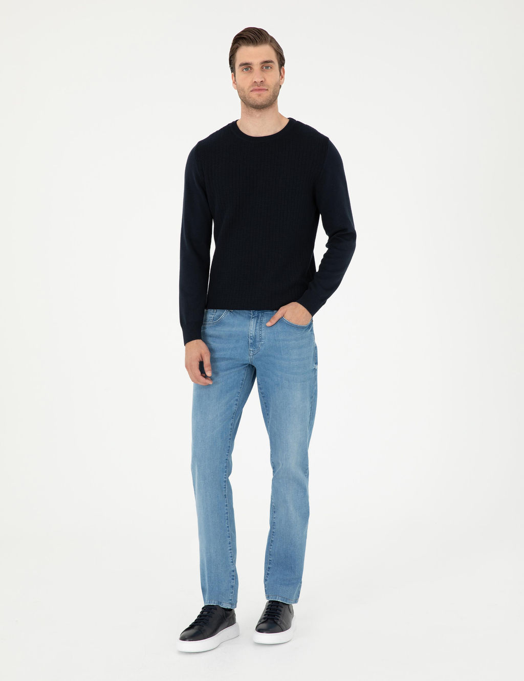 Lacivert Regular Fit Bisiklet Yaka Y_n Kar___ml_ Triko Kazak - Pierre cardin фото 4