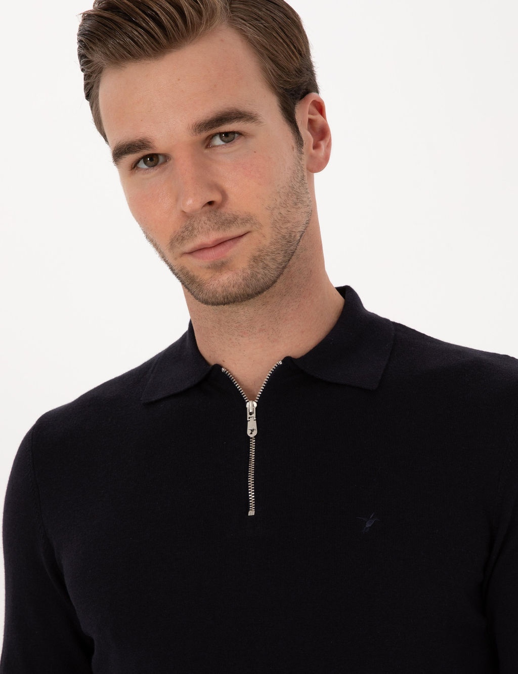 Lacivert Regular Fit Pamuk Kar___ml_ Fermuarl_ Polo Yaka Basic Triko Kazak
