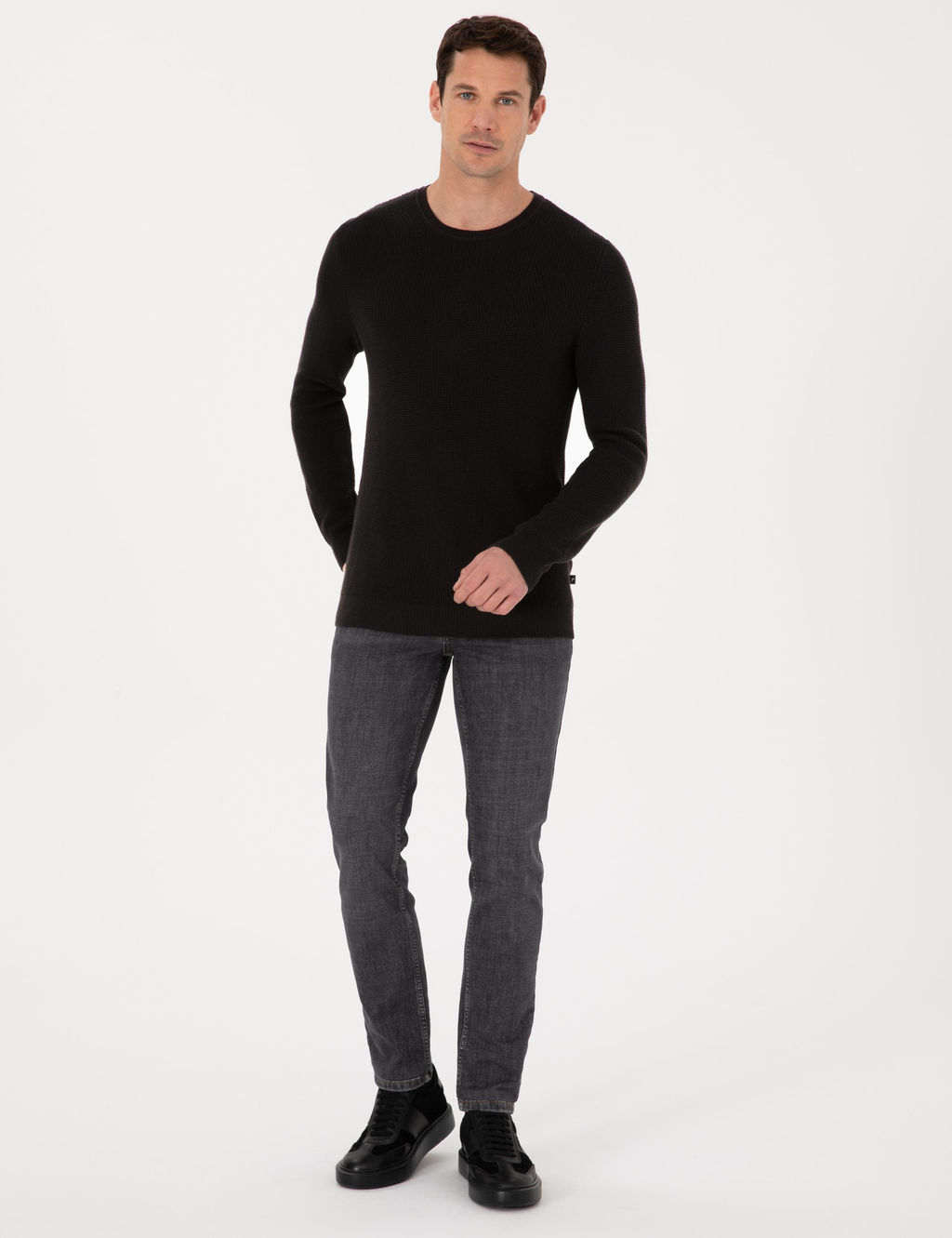 Siyah Slim Fit Pamuk Kar___ml_ Bisiklet Yaka Triko Kazak - Cacharel фото 4