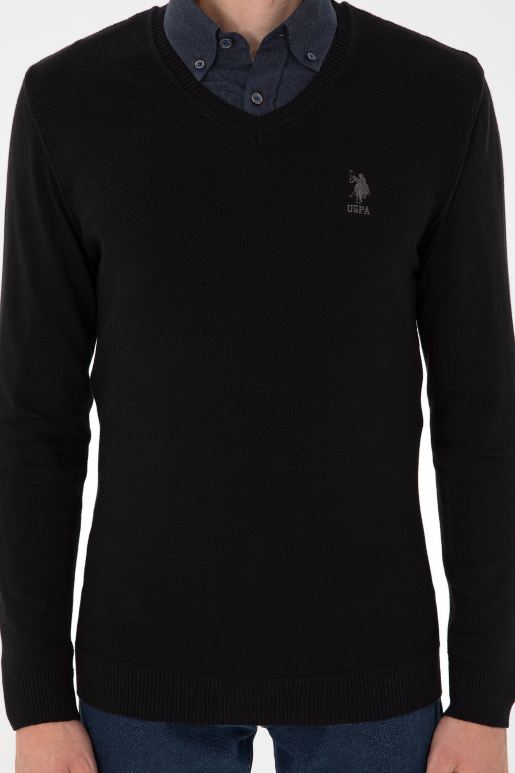Erkek Slim Fit V Yaka Siyah Basic Kazak