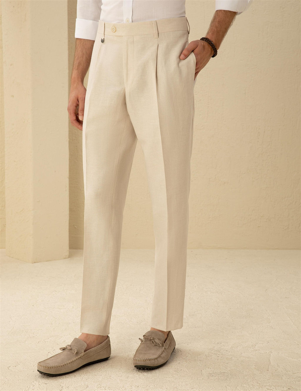 Bej Slim Fit Pileli Keten Kar___ml_ Pantolon - Pierre cardin фото 2