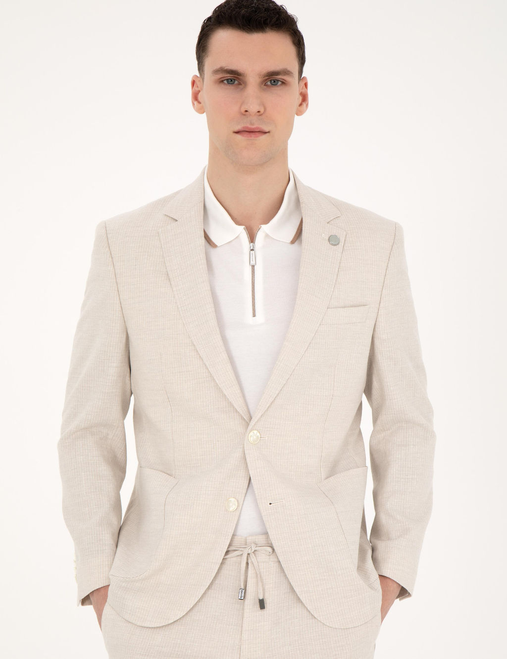 Bej Slim Fit Keten Kar___ml_ _izgili Tak_m Elbise