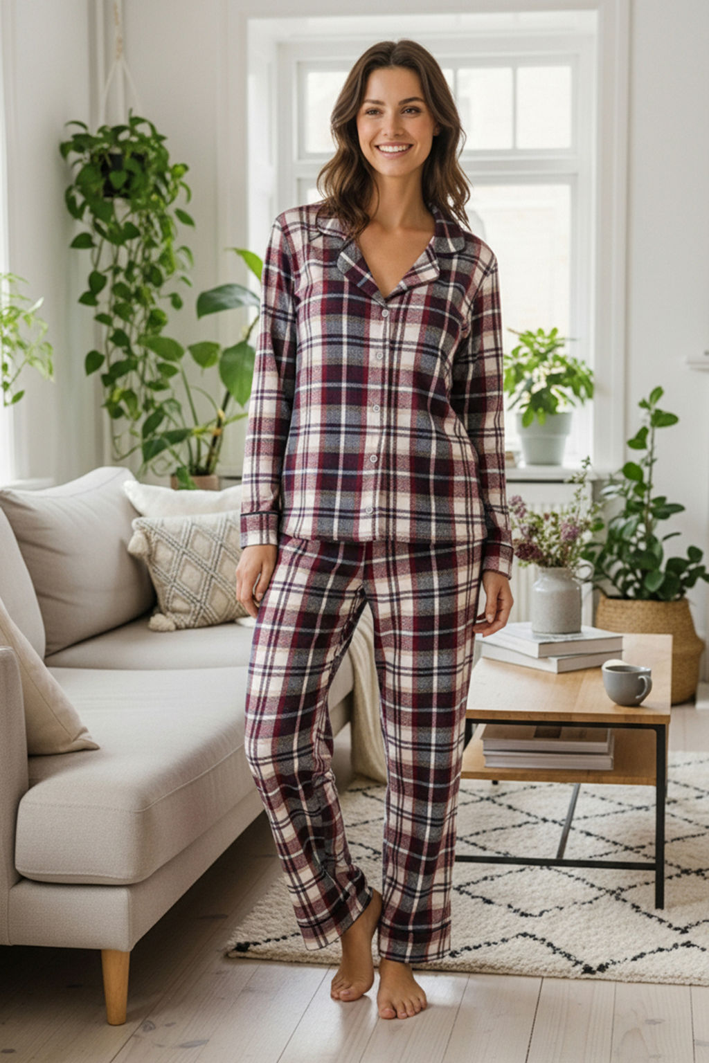 Cok Renkli Ekose / Kareli K?sl?k Kal?n Flanel Dokuma Pijama Tak?m? THMAW26PT00175