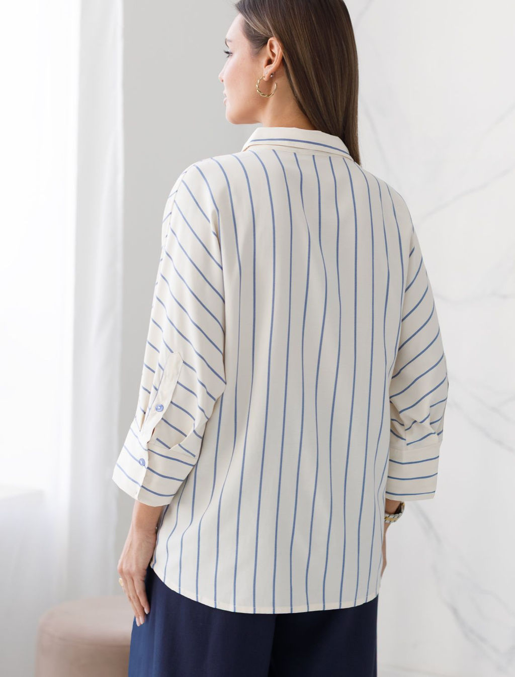 Блузка Vilatte в полоску с рукавом 3/4 из эластичного хлопка голубая фото 3