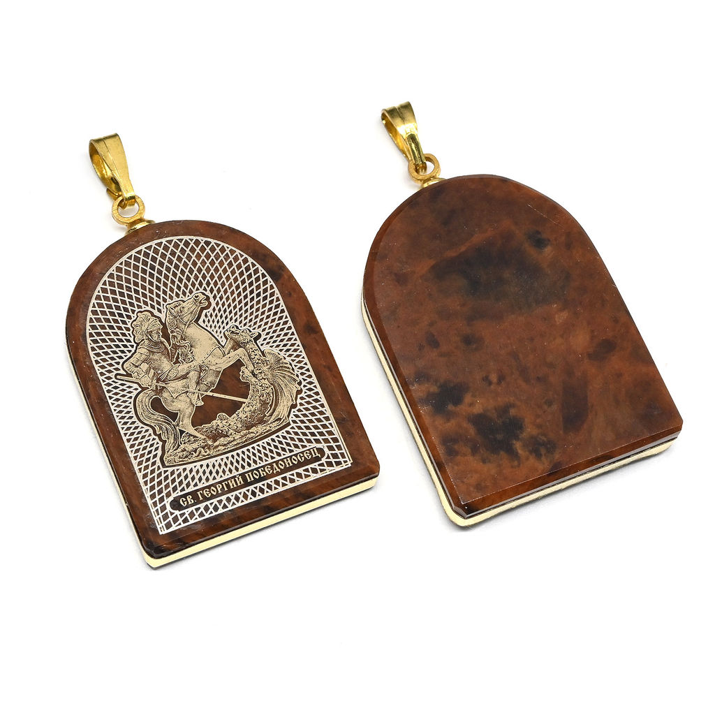 Кулон из обсидиана арка с окантовкой Георгий Победоносец 19*25мм.