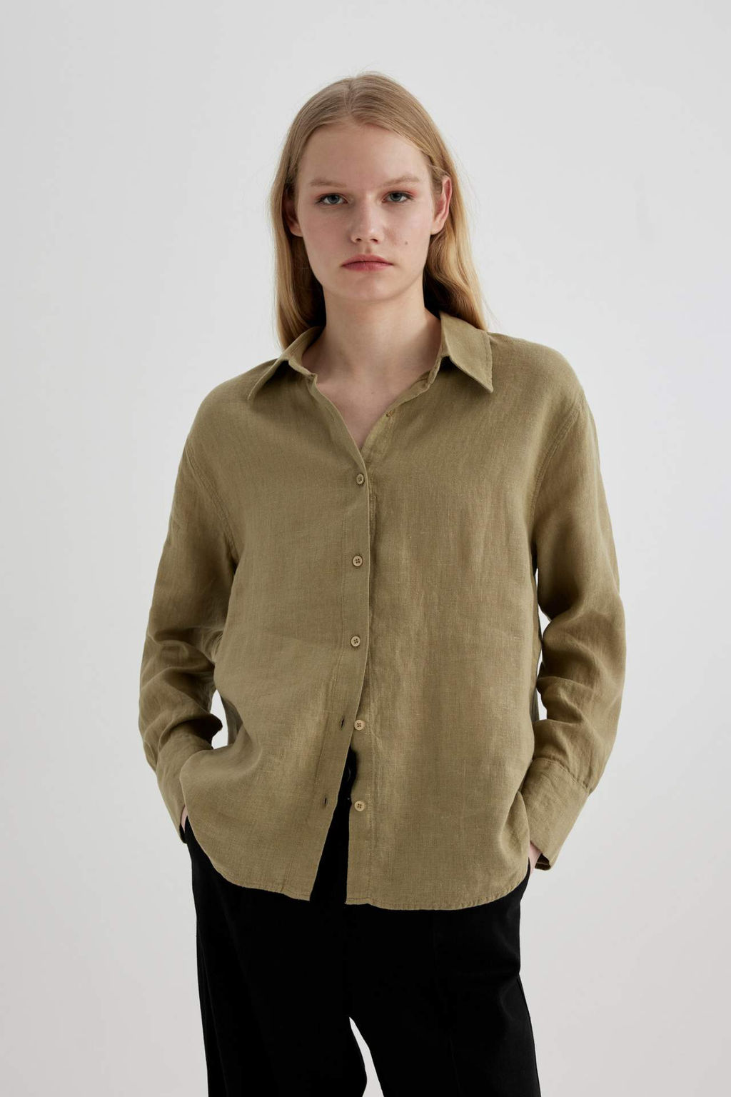 Oversize Genis Kal?p %100 Keten Uzun Kollu Gomlek - Defacto фото 4