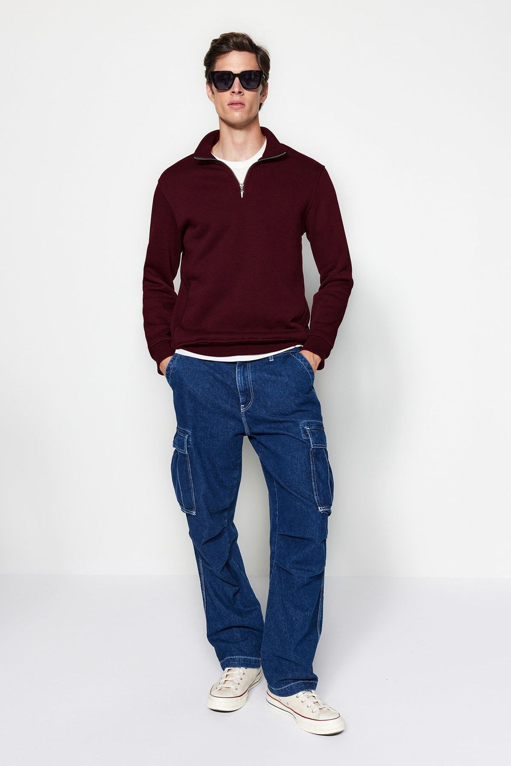 Bordo Regular/Normal Kesim Dik Yaka Fermuarl? Ici Polar/S?cak Tutan Basic Sweatshirt TMNAW24SW00041