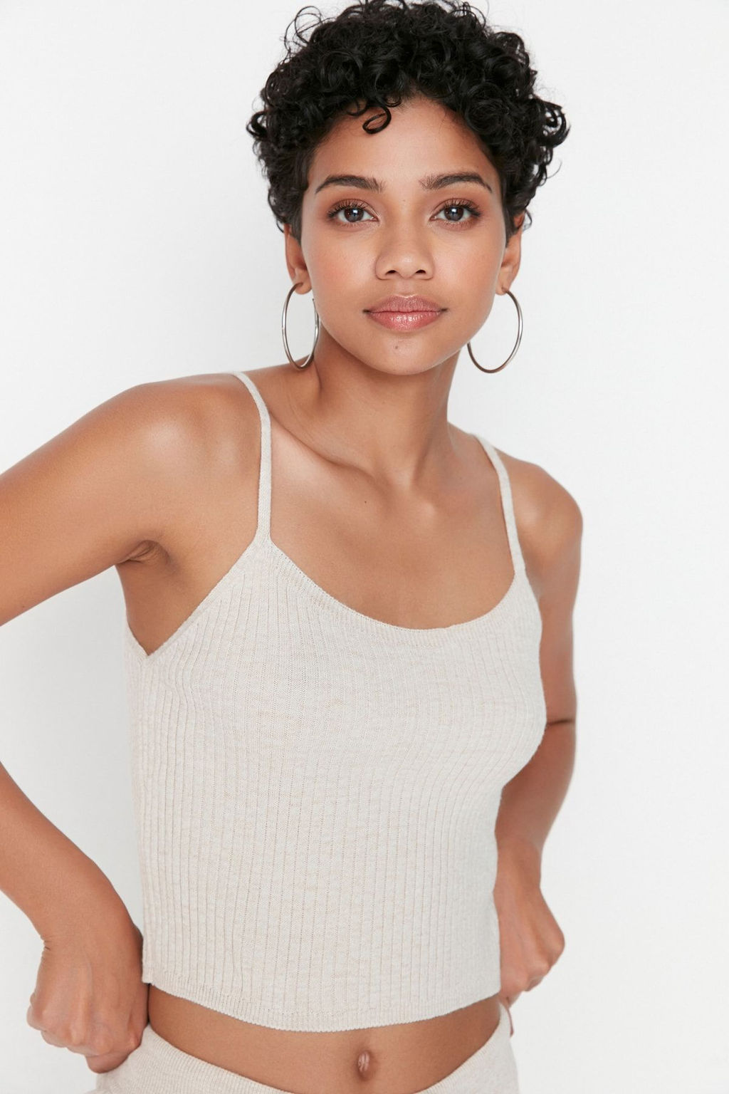 Bej Fitillli Bluz H?rka Pantolon Triko Alt-Ust Tak?m TWOAW22AU0006