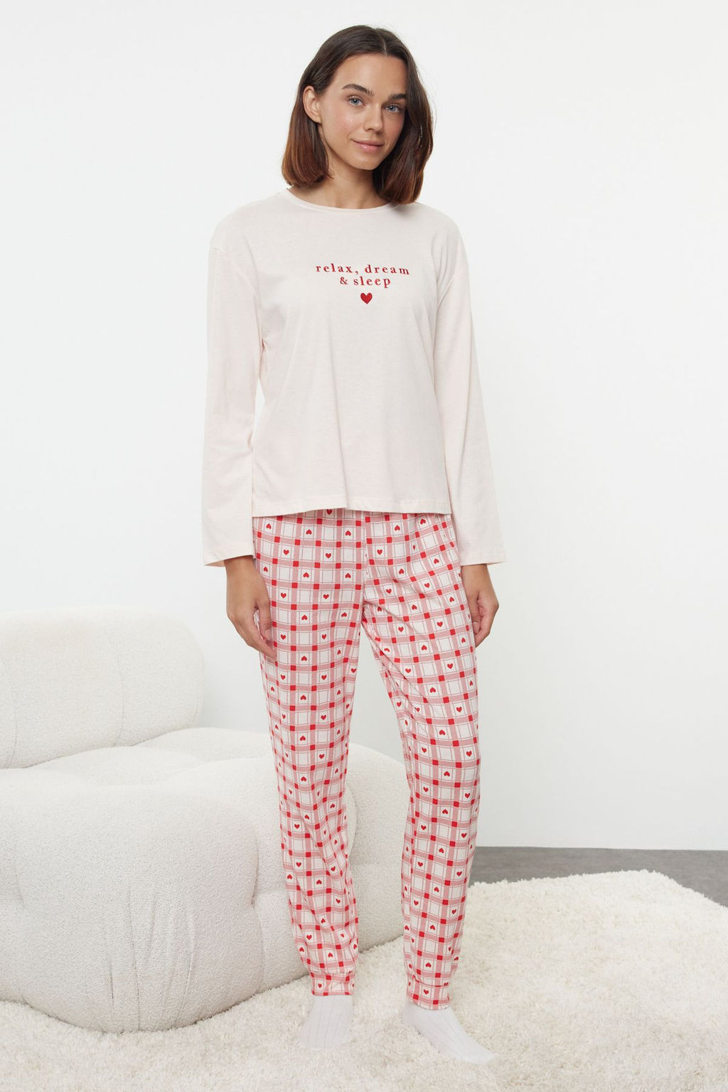 Pudra %100 Pamuklu Slogan Nak?sl? Kalpli Ekoseli Orme Pijama Tak?m? THMAW25PT00118