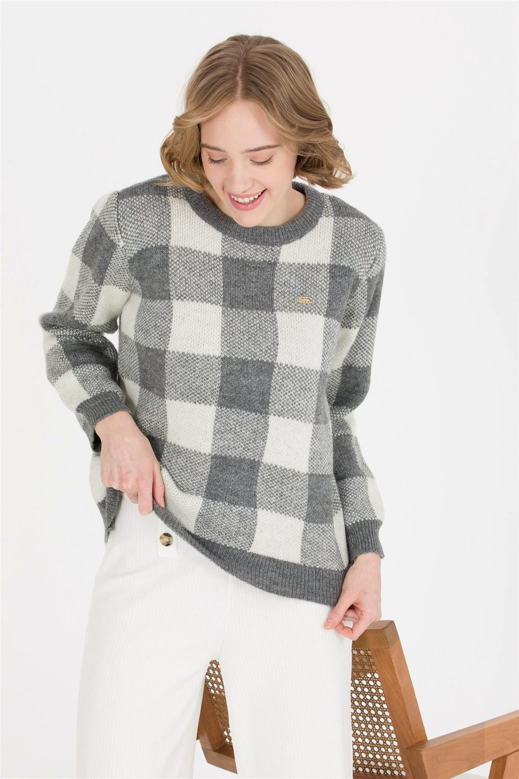 U. S. Polo Assn Женский серый меланжевый свитер с круглым вырезом - U.s. polo assn фото 7