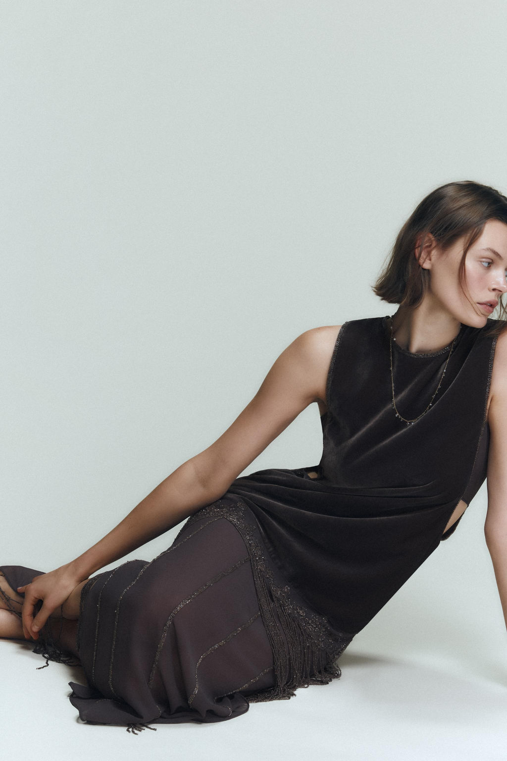 COMBINED VELVET BEADED FRINGED DRESS - Zara фото 2