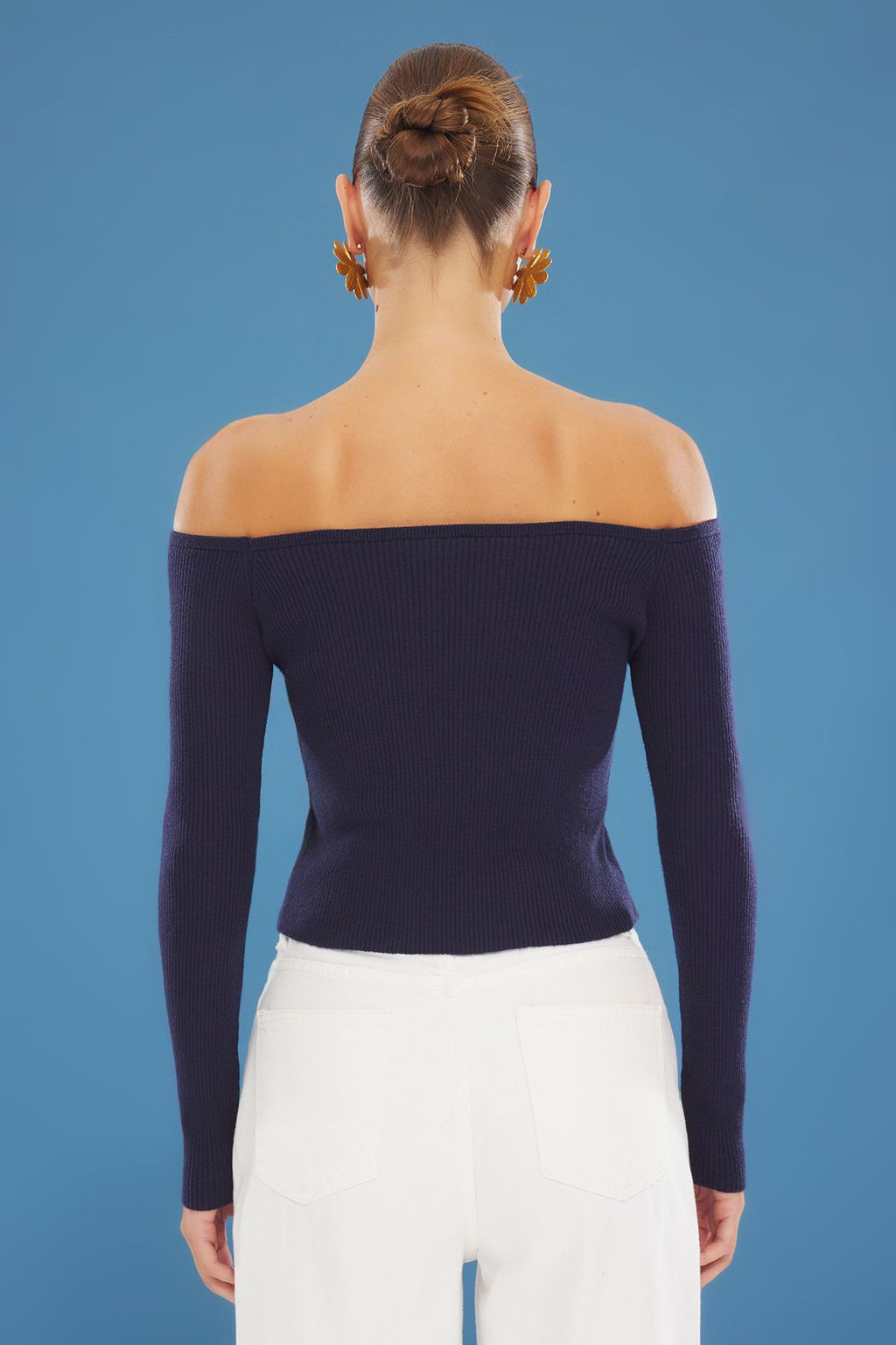 Lacivert Cicek Dugmeli Kay?k Yaka Kazak TWOSS25KZ00000 - Trendyolmilla фото 5