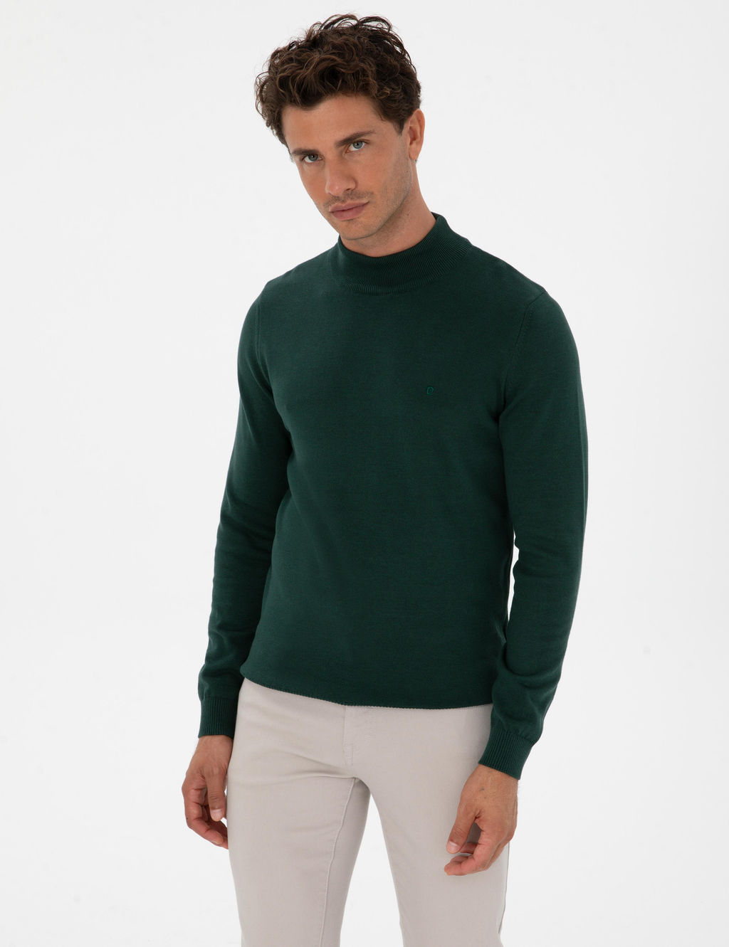 Ye_il Slim Fit Yar_m Bal_k__ Yaka Basic Triko Kazak