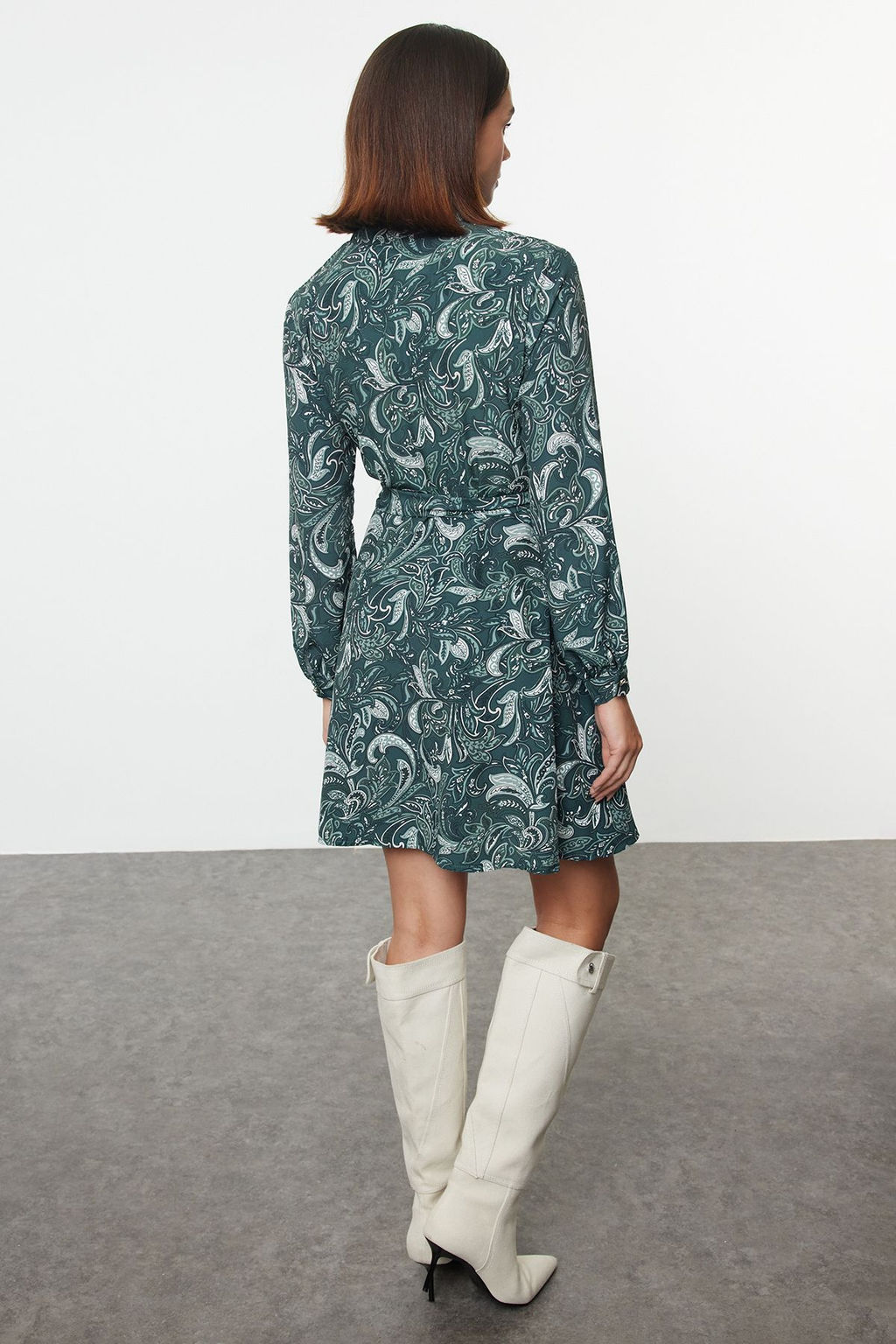 Trendyolmilla Yesil Kusakl? Sal Desen Astarl? Mini Dokuma Gomlek Elbise TWOAW25EL00163 фото 5