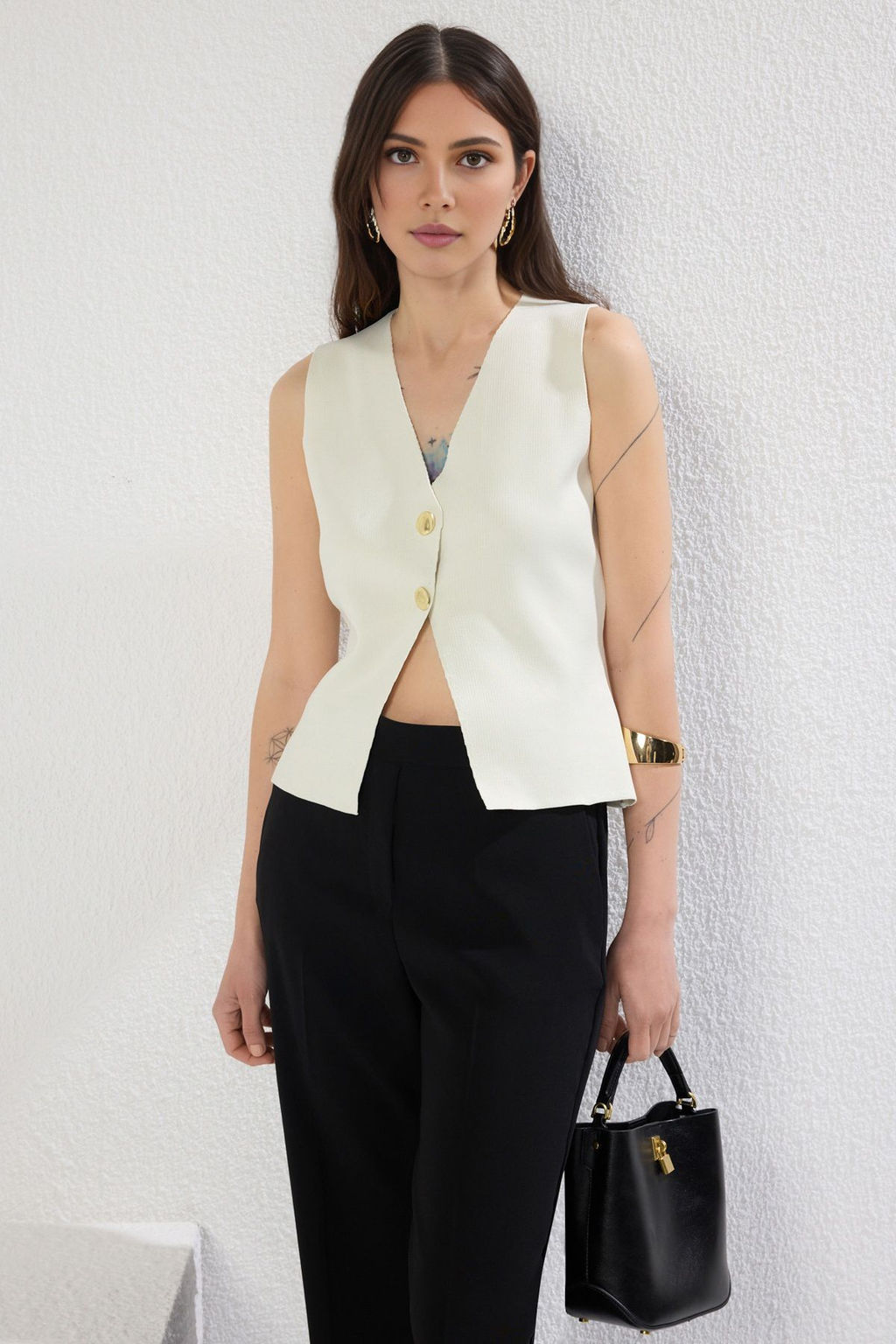 Trendyolmilla Ekru Slim Bisiklet Yaka Yelek TWOSS25YE00072