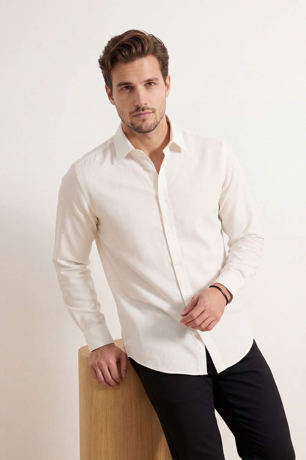 Ekru Normal Kal?p/Regular Fit %100 Pamuk Dokuma Erkek Gomlek TMNSS26GO00013