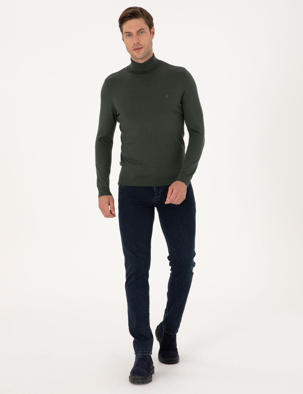 Koyu Haki Slim Fit Bal_k__ Yaka Basic Triko Kazak