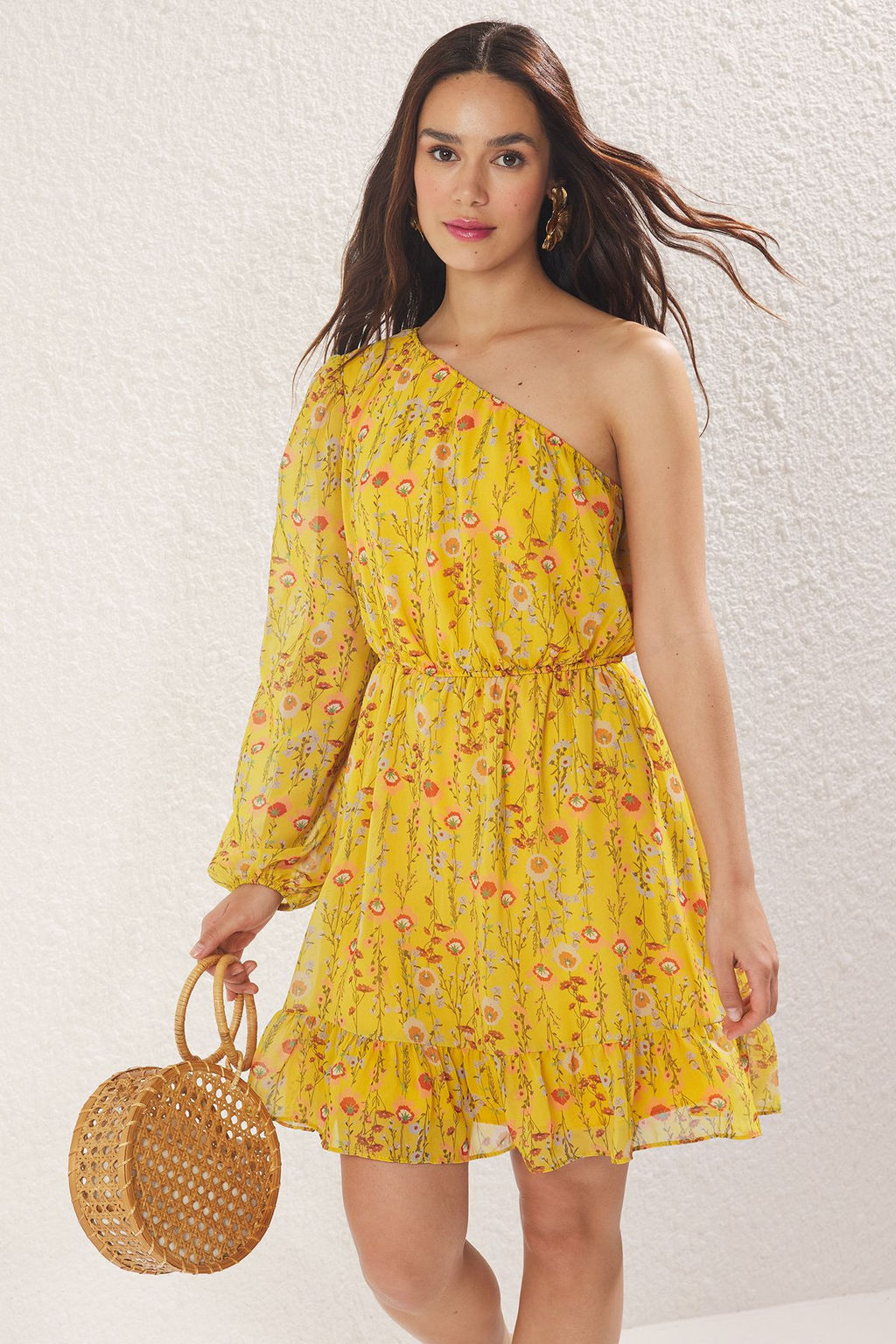 Sar? Cicekli Etegi Belden Ac?lan Tek Kol Sifon Ucus Ucus Dokuma Mini Elbise TWOSS25EL00442 - Trendyolmilla фото 2