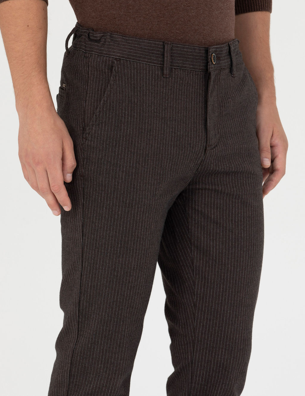 Kahverengi Slim Fit _izgili Kanvas Pantolon