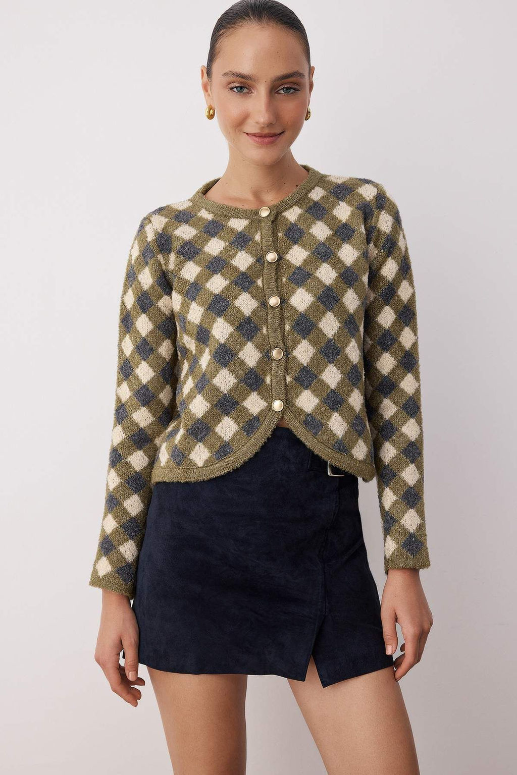 Haki Baklava Desenli Bisiklet Yaka Crop Triko H?rka TWOAW26HI00239 - Trendyolmilla фото 2