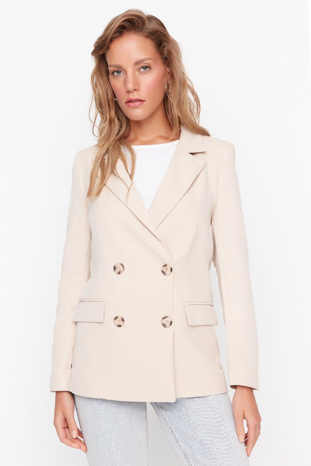 TRENDYOLMILLA Bej Regular Astarl? Kruvaze Kapama Dokuma Blazer Ceket TWOSS21CE0107  фото 6