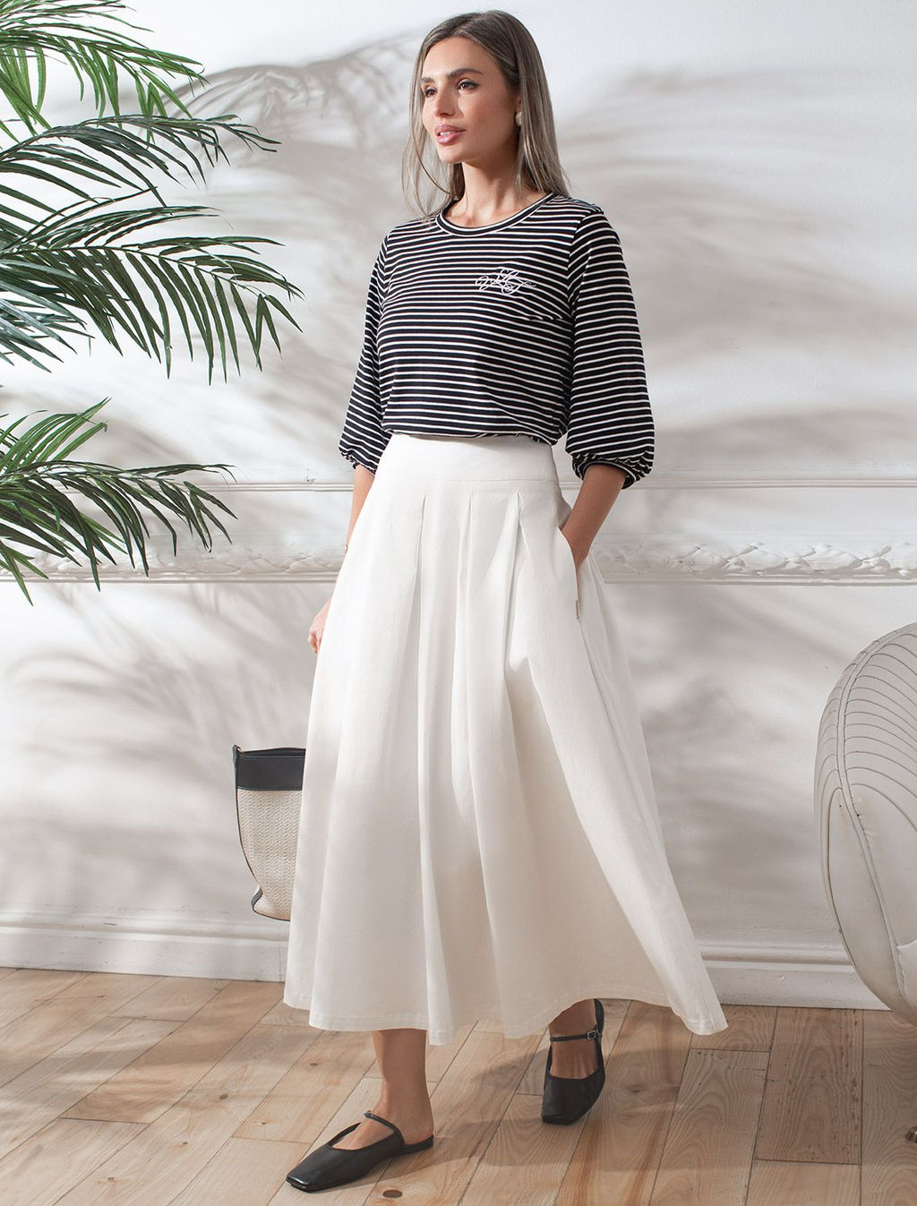 Лонгслив в полоску с рукавами-буфами из премиального хлопка с эластаном - Vilatte фото 5