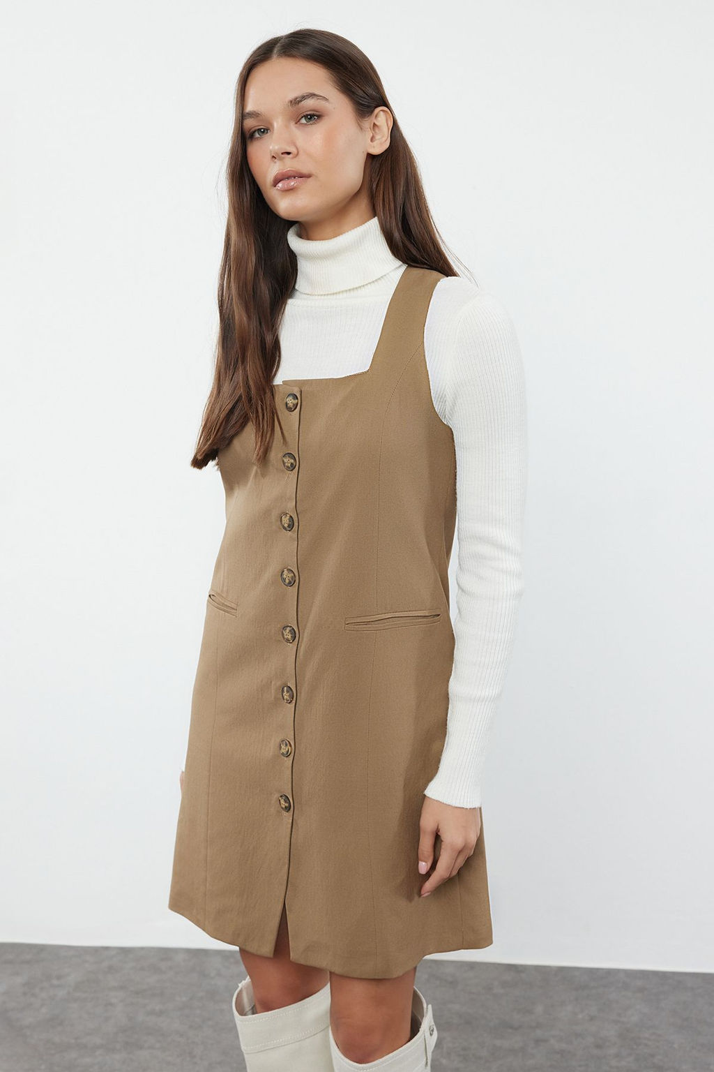 TRENDYOLMILLA Vizon Kare Yaka Poliviskon Kumas Astarl? Mini Dokuma Ceket Elbise TWOAW25EL00191  фото 7