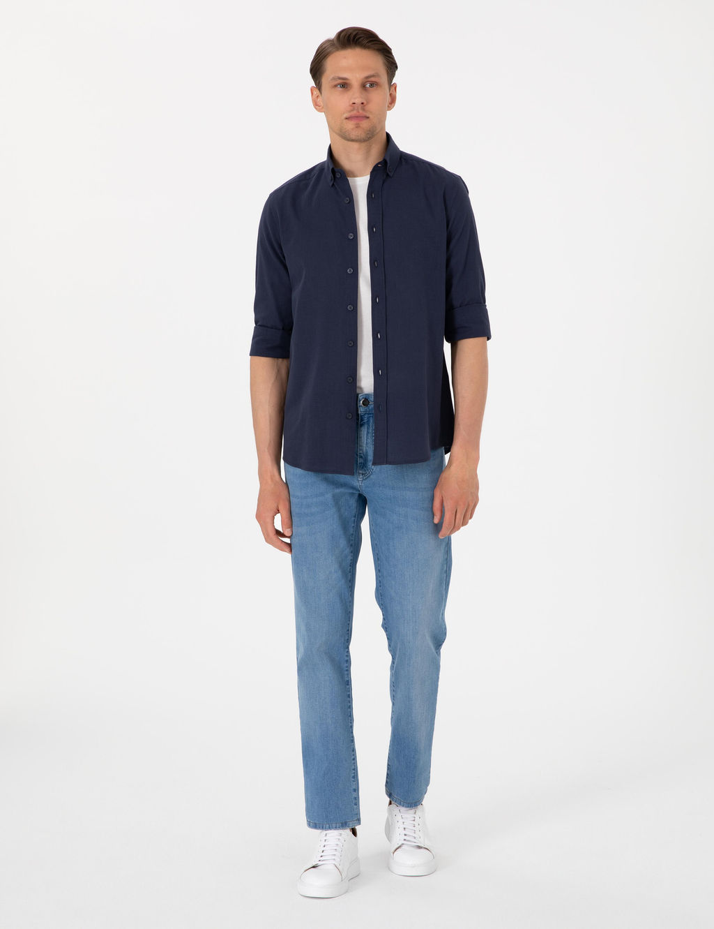 Koyu Lacivert Keten G_r_n_ml_ Slim Fit Uzun Kollu G_mlek
