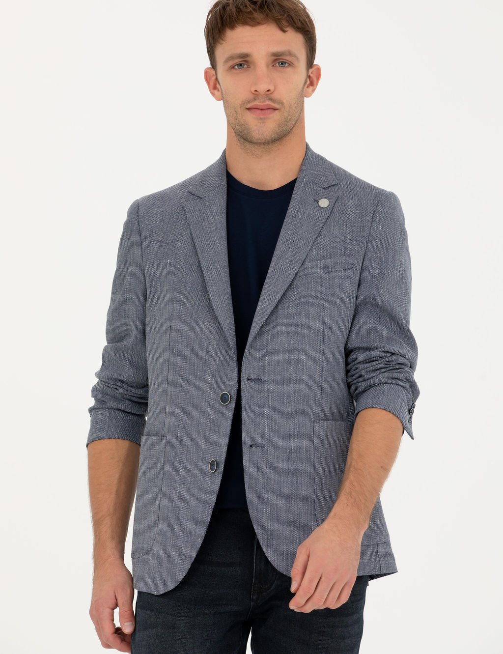 Lacivert Ex. Slim Fit Keten Kar___ml_ Ceket