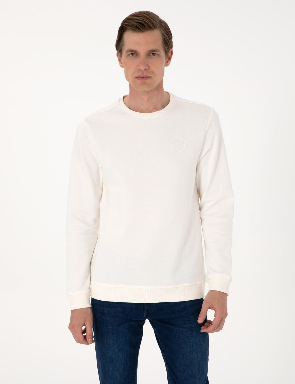 Ekru 3 _plik Regular Fit Bisiklet Yaka Basic Sweatshirt