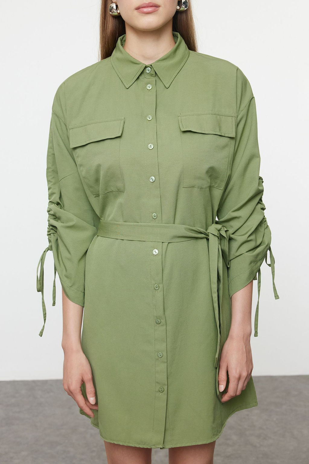 Haki Cep ve Buzgu Detayl? Mini Dokuma Gomlek Elbise TWOAW25EL00187