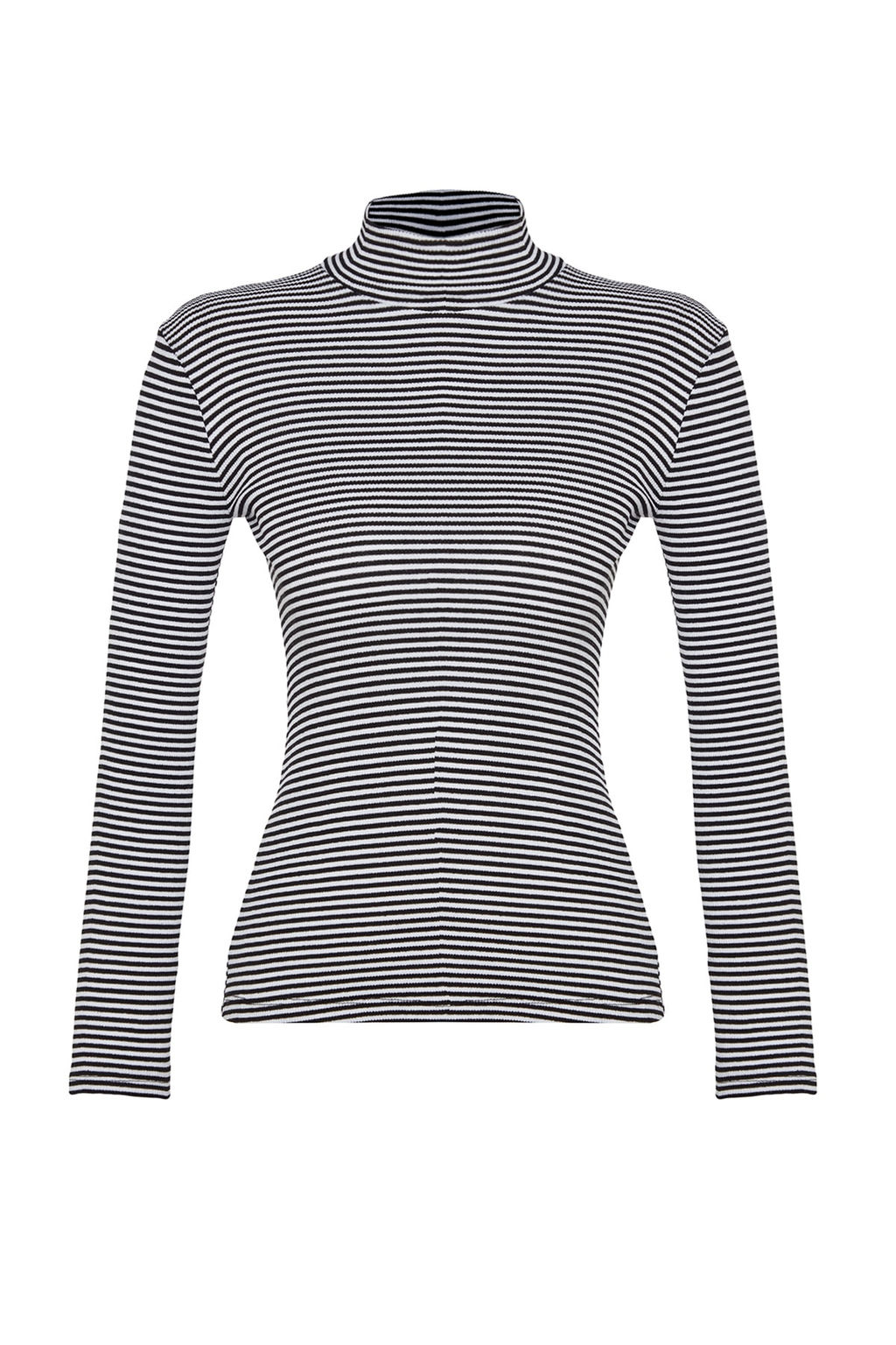 Ekru Siyah Cizgili Fitted/Vucuda Oturan Dik Yaka Uzun Kol Fitilli Esnek Orme Bluz TWOAW21BZ0423