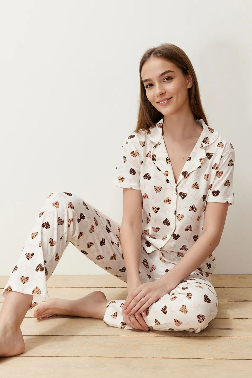 Ekru %100 Pamuklu Kalpli Orme Pijama Tak?m? THMSS24PT00338
