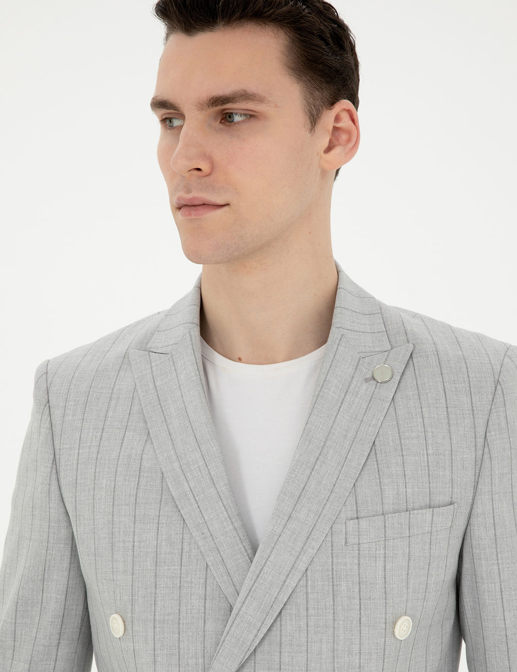 Gri Ekstra Slim Fit _izgili Kruvaze Tak_m Elbise