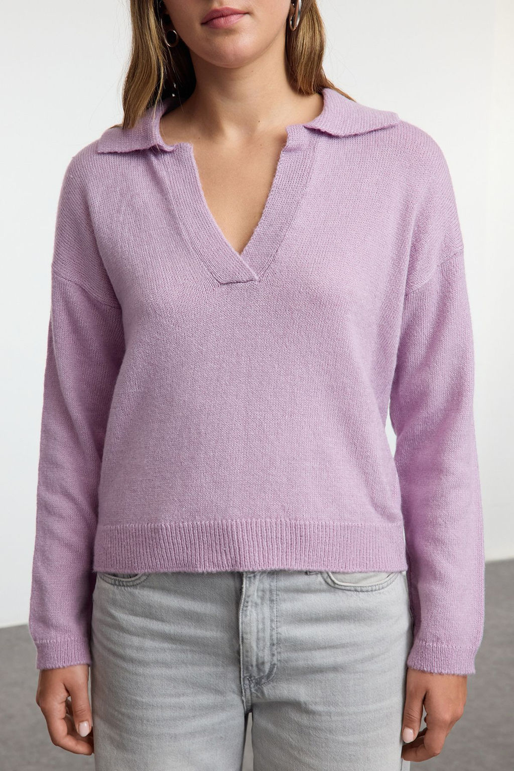 Lila Genis Kal?p Yumusak Dokulu Basic Triko Kazak TWOAW25KZ00023 - Trendyolmilla фото 3