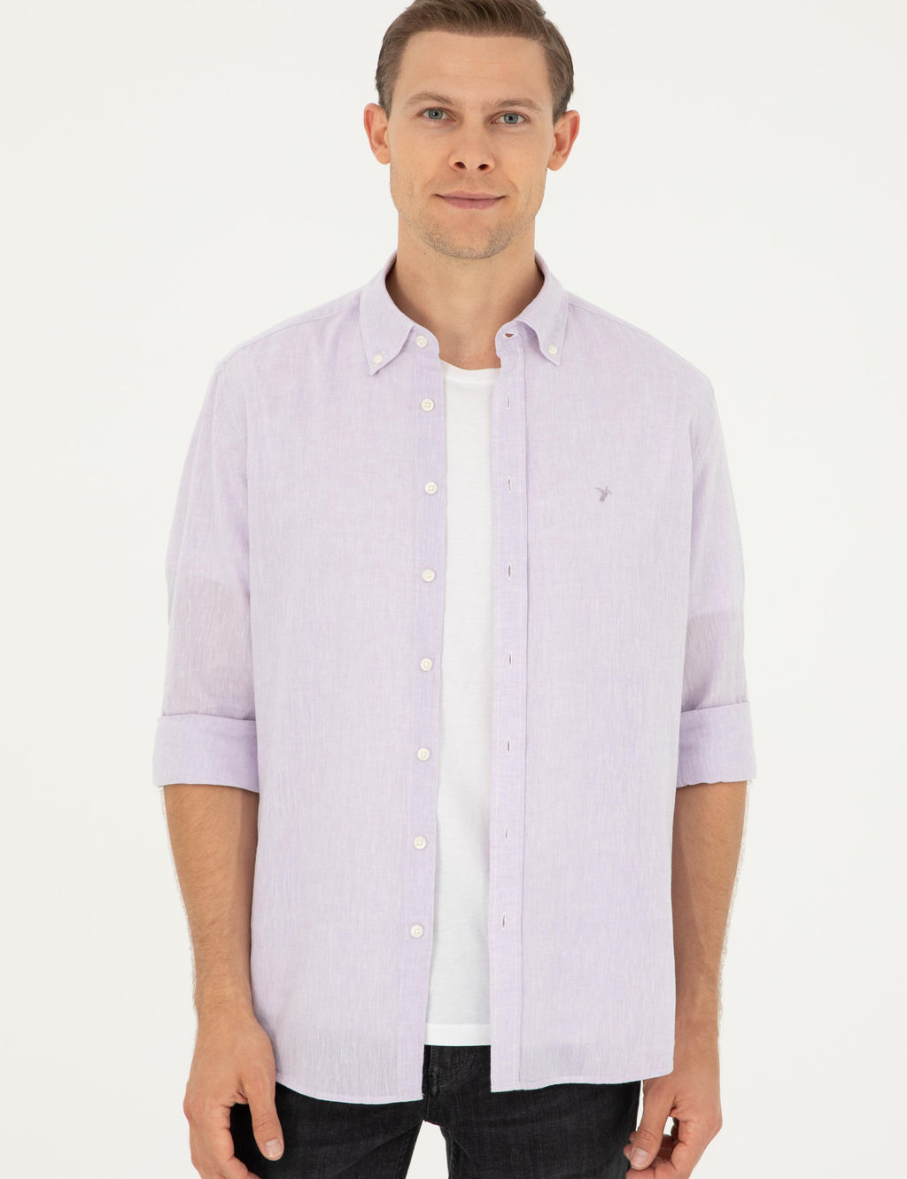 Lila Slim Fit Keten Kar___ml_ G_mlek