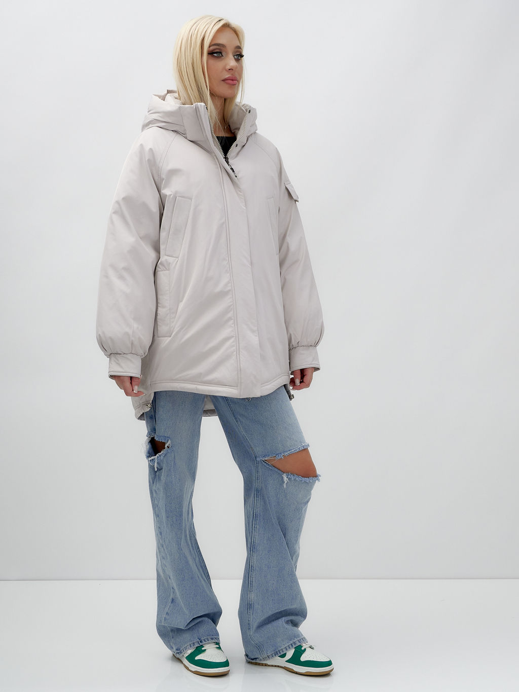 Куртка летучая мышь женская с капюшоном зимняя бежевого цвета 9630B - Mtforce фото 5