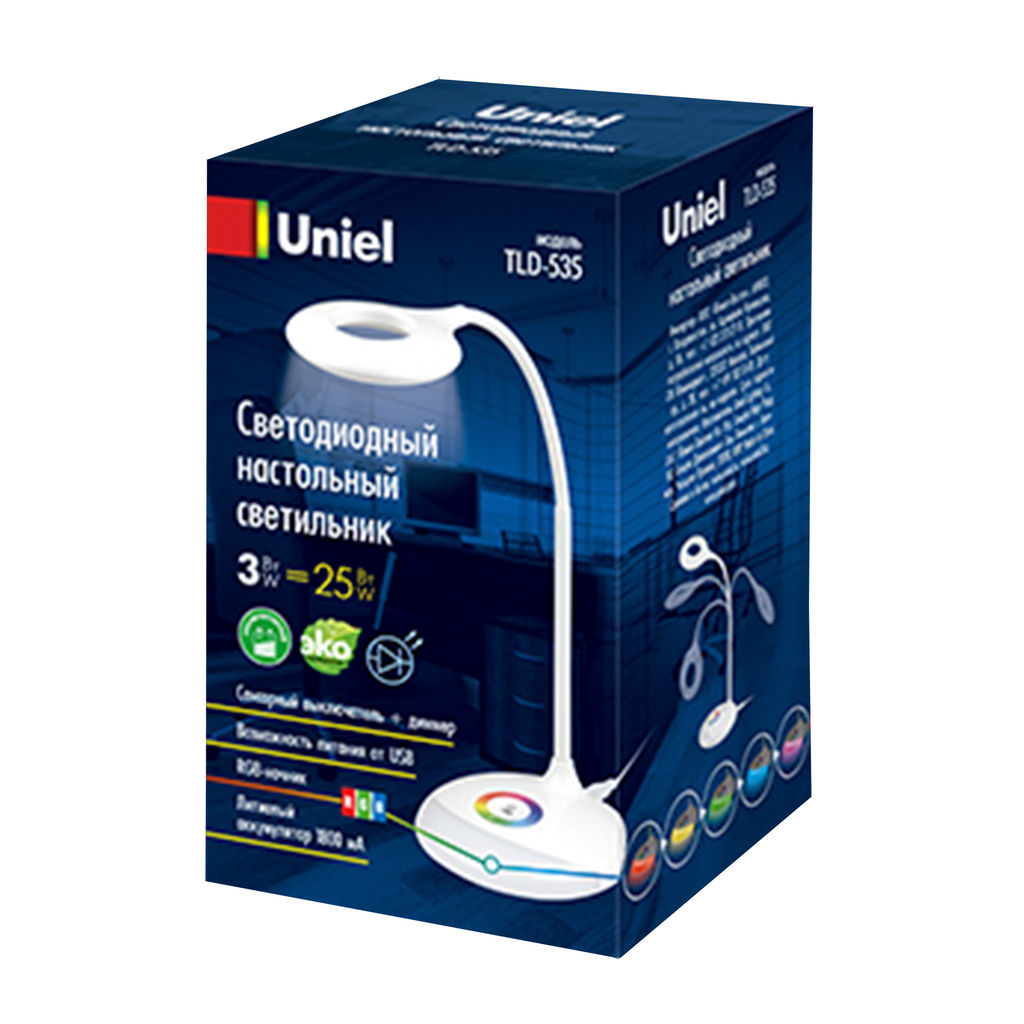 TLD-535 White/LED/250Lm/5500K/Dimmer Светильник настольный с ночником RGB, 4W. Встроенный аккумулятор 1800mAh. Сенсорный выключатель. Белый. TM Uniel.